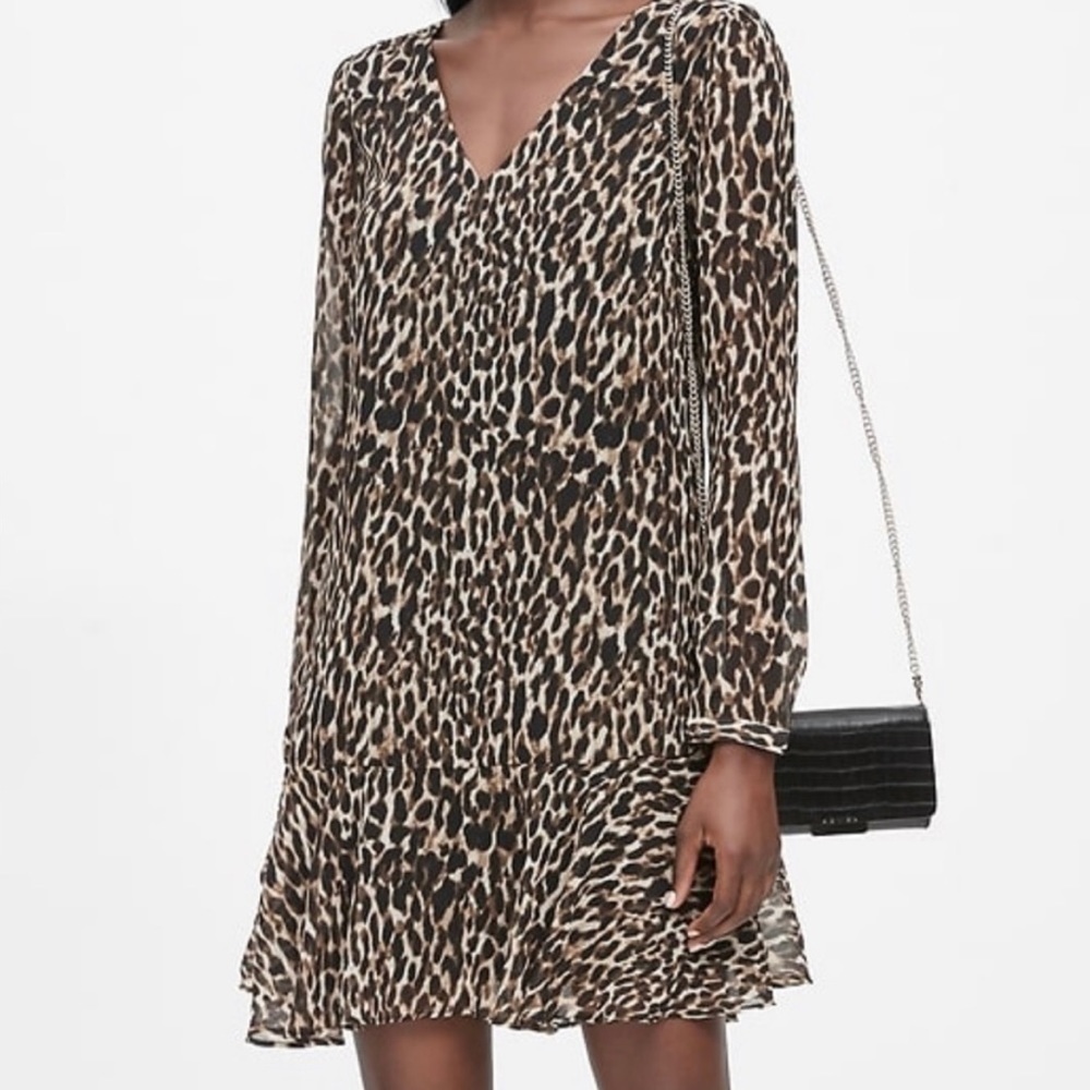 Banana Republic Leopard Print Long Sleeve Mini Dress - Brown, Black, Cream